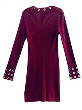 INC Burgundy Ribbed Knit Long Sleeve Grommett Sweater Dress Size L